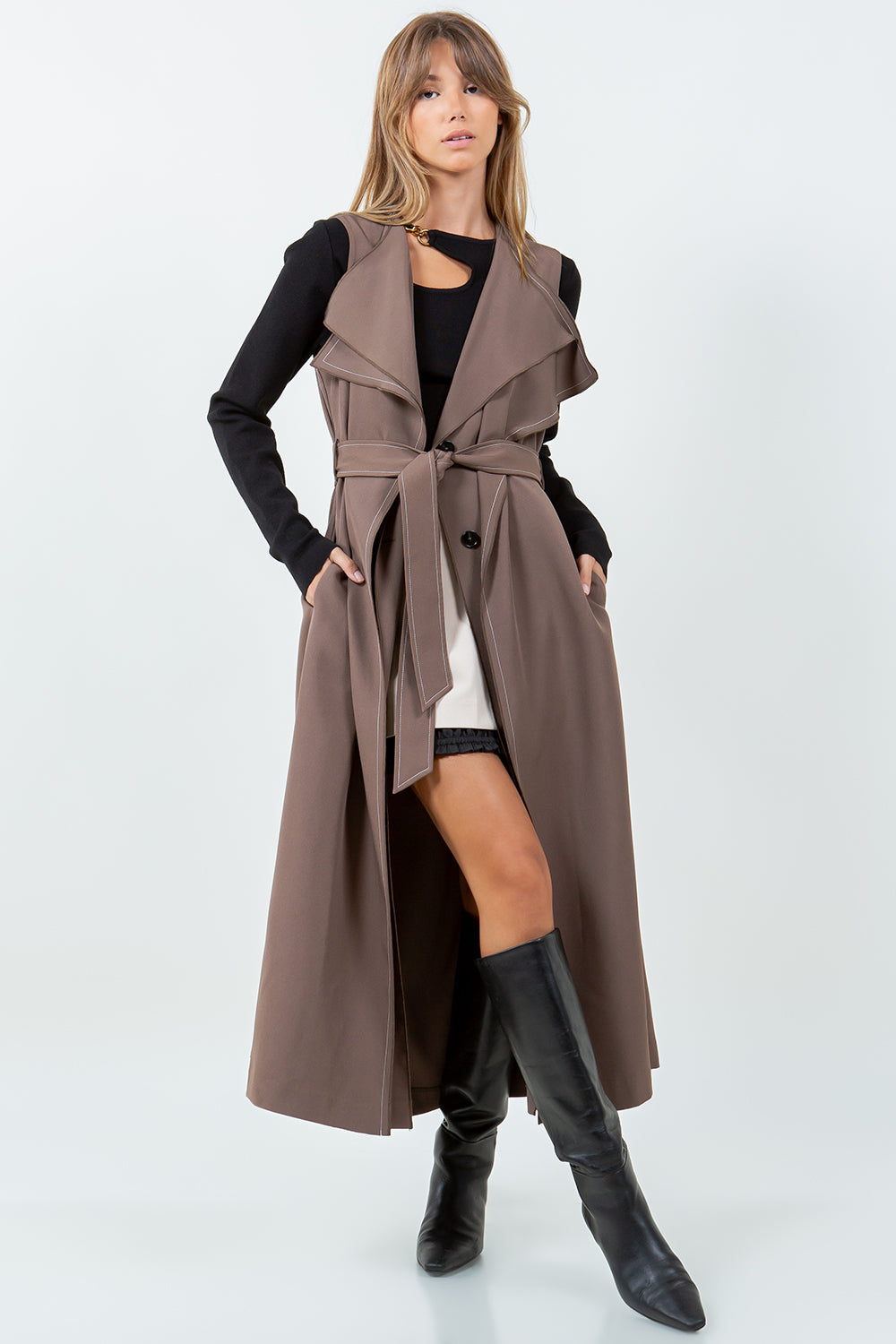 DOUBLE LAPEL LONG LINE STRUCTURED VEST JACKET - MOCHA