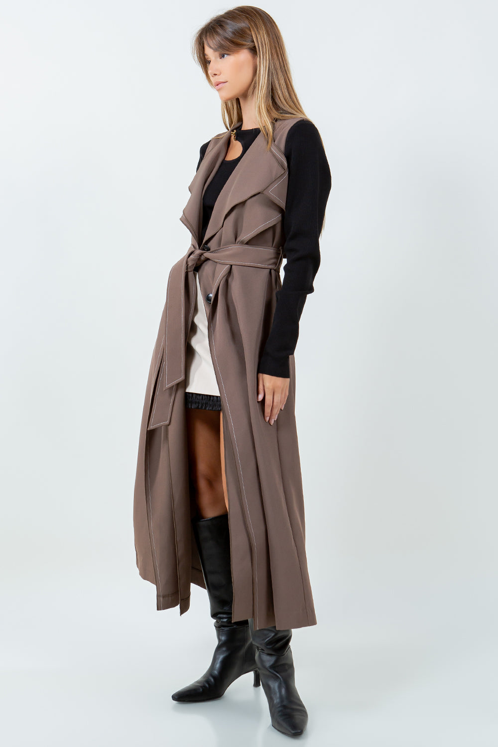 DOUBLE LAPEL LONG LINE STRUCTURED VEST JACKET - MOCHA