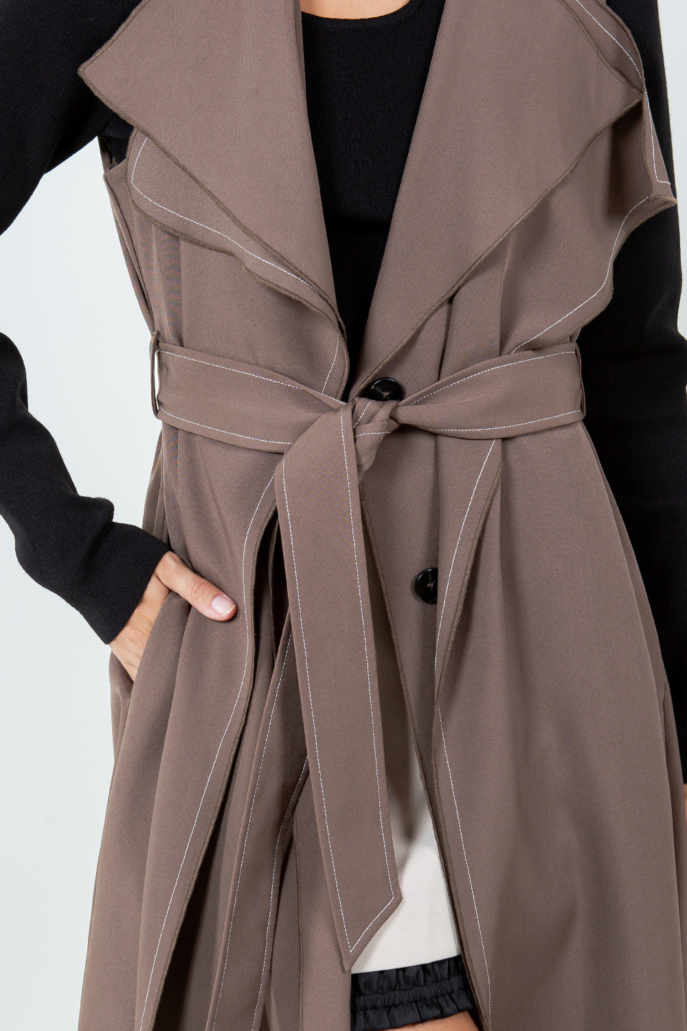 DOUBLE LAPEL LONG LINE STRUCTURED VEST JACKET - MOCHA