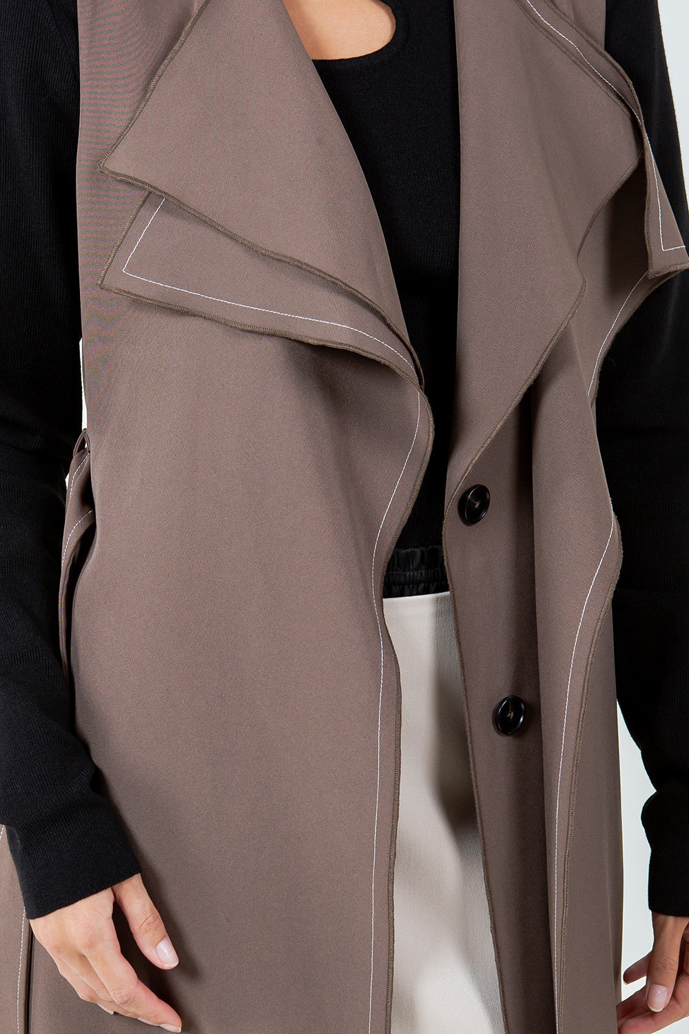 DOUBLE LAPEL LONG LINE STRUCTURED VEST JACKET - MOCHA