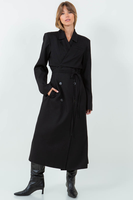 MIDI BLAZER DRESS WITH WAIST WRAP TIES - BLACK