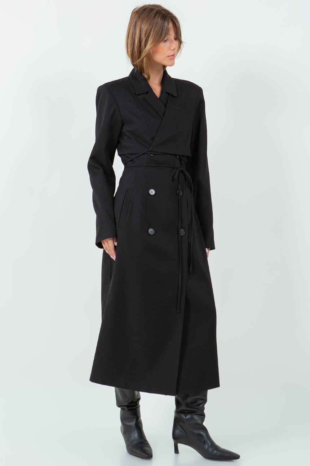 MIDI BLAZER DRESS WITH WAIST WRAP TIES - BLACK