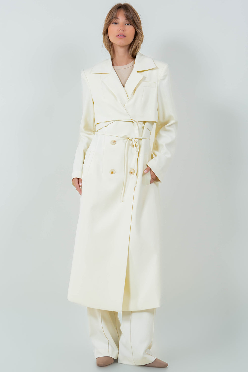 MIDI BLAZER DRESS WITH WAIST WRAP TIES - EGGSHELL