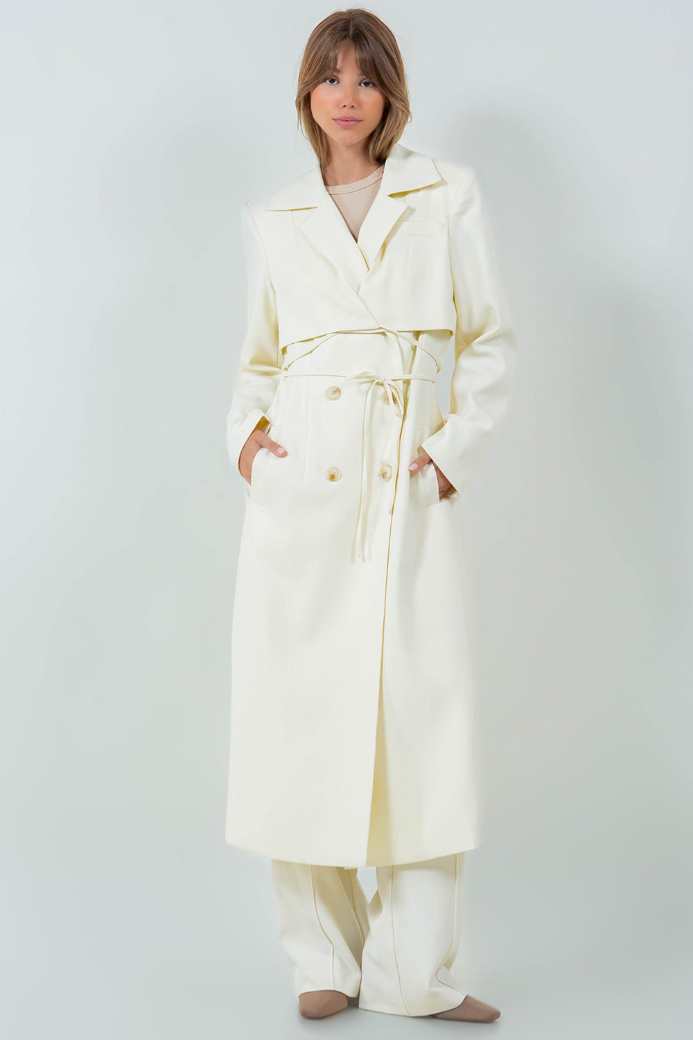 MIDI BLAZER DRESS WITH WAIST WRAP TIES - EGGSHELL