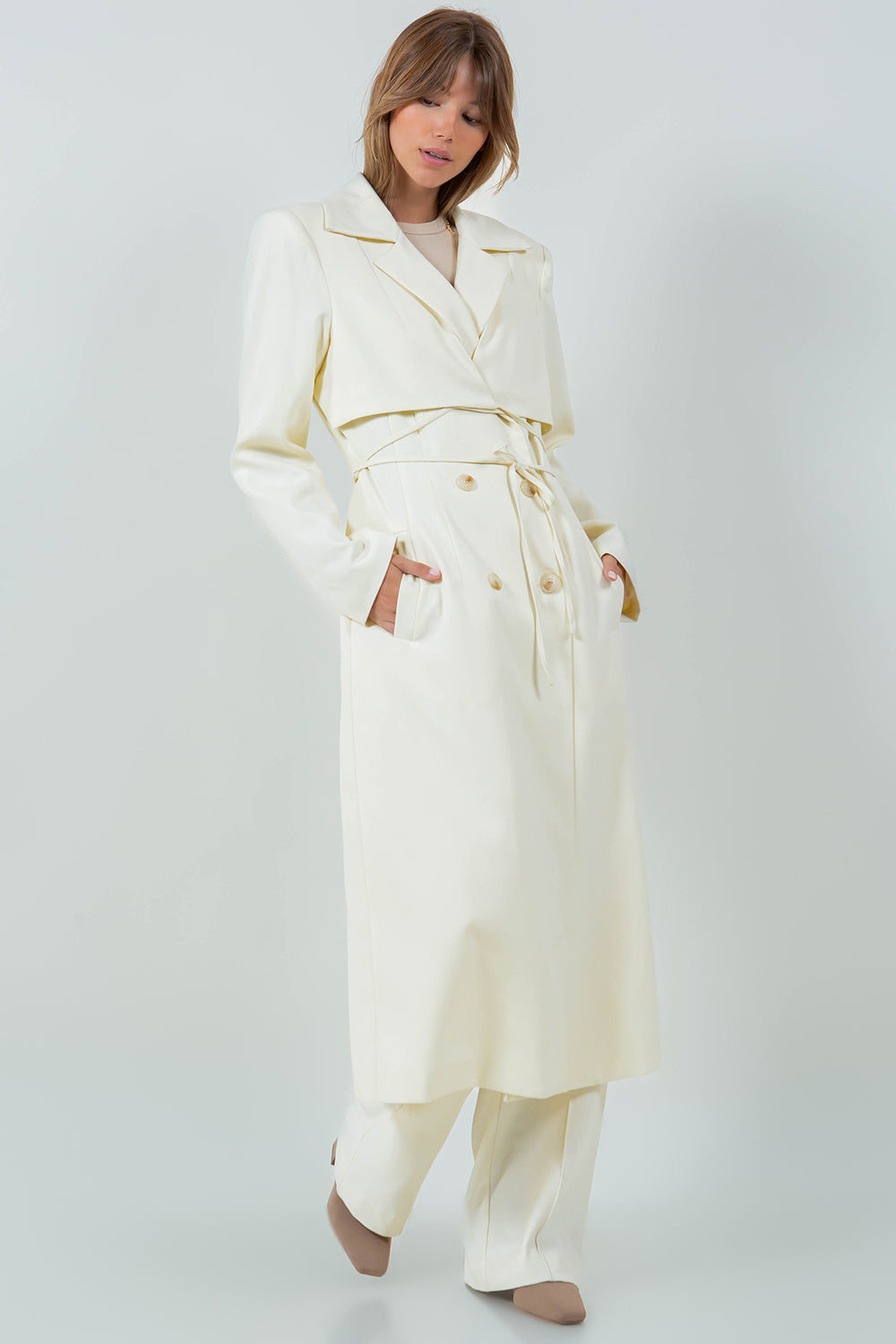 MIDI BLAZER DRESS WITH WAIST WRAP TIES - EGGSHELL