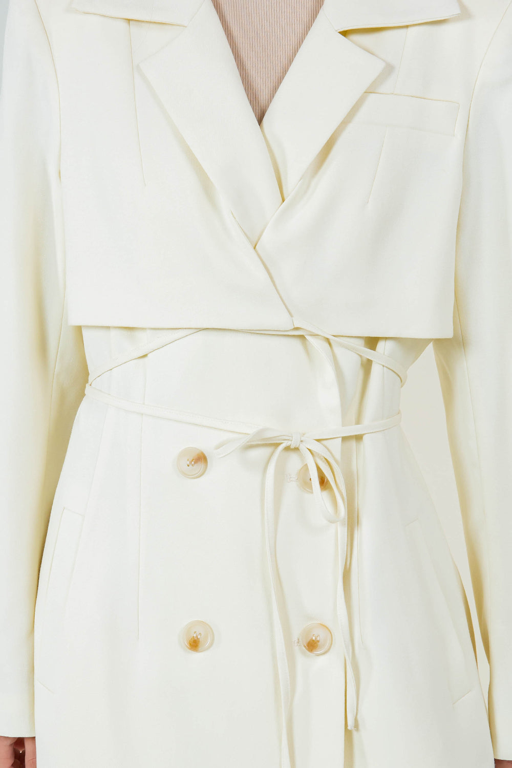 MIDI BLAZER DRESS WITH WAIST WRAP TIES - EGGSHELL