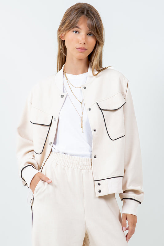 CONTRAST PIPING DETAILED VARSITY BOMBER JACKET - BEIGE
