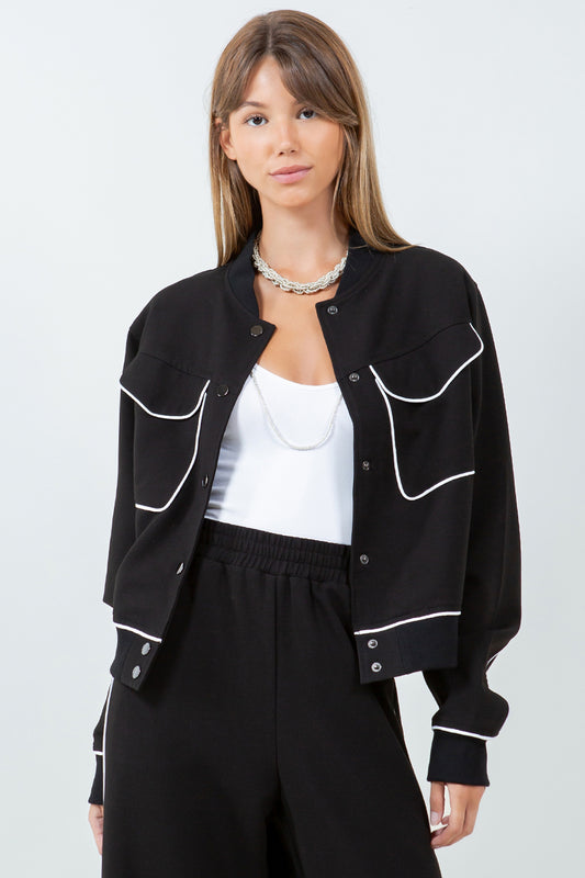 CONTRAST PIPING DETAILED VARSITY BOMBER JACKET - BLACK