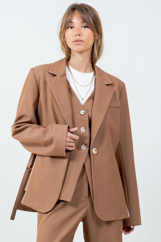 DOUBLE LAYER VEST + JACKET WITH PIPING DETAILS - CAMEL