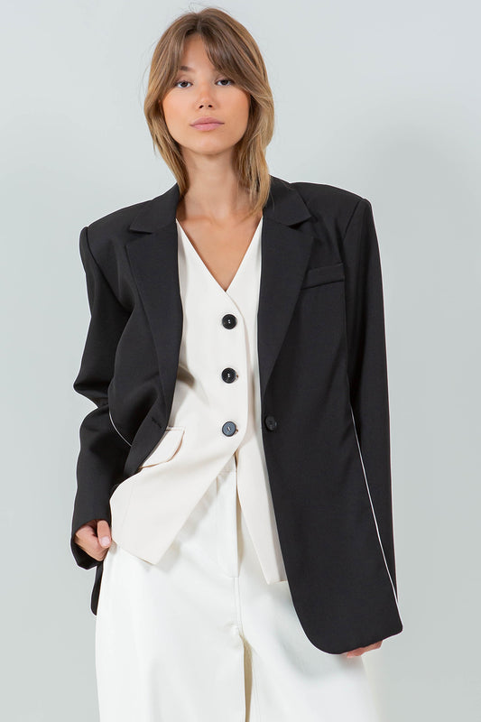 COMBINED CONTRASTED VEST + BLAZER W PIPING DETAILS - BLACK/IVORY