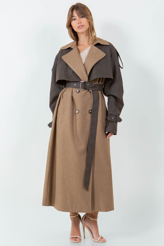 PU LEATHER CONTRASTED LONG TRENCH COAT - BROWN