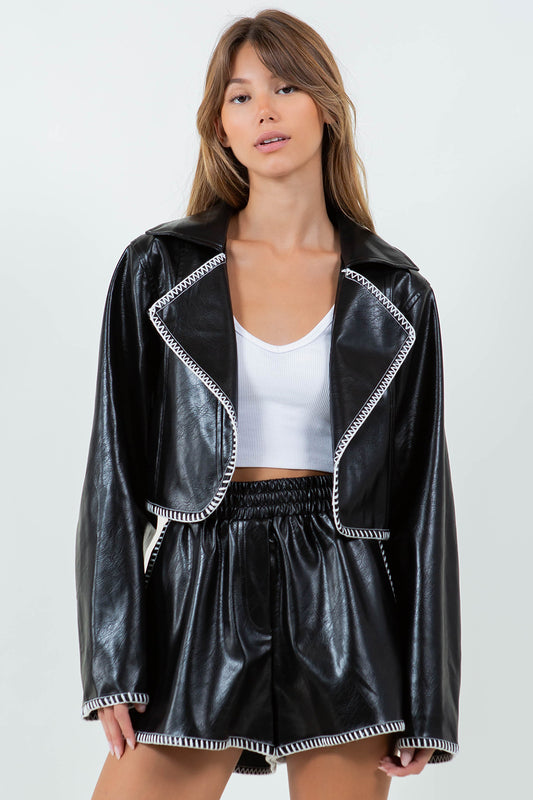 CONTRAST BLANKET STITCHED CROPPED PU LEATHER JACKET - BLACK