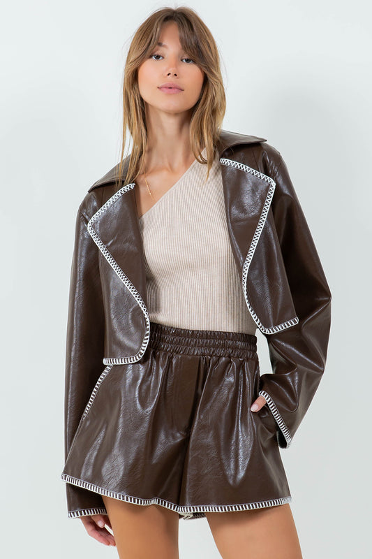 CONTRAST BLANKET STITCHED CROPPED PU LEATHER JACKET - CHOCO BROWN