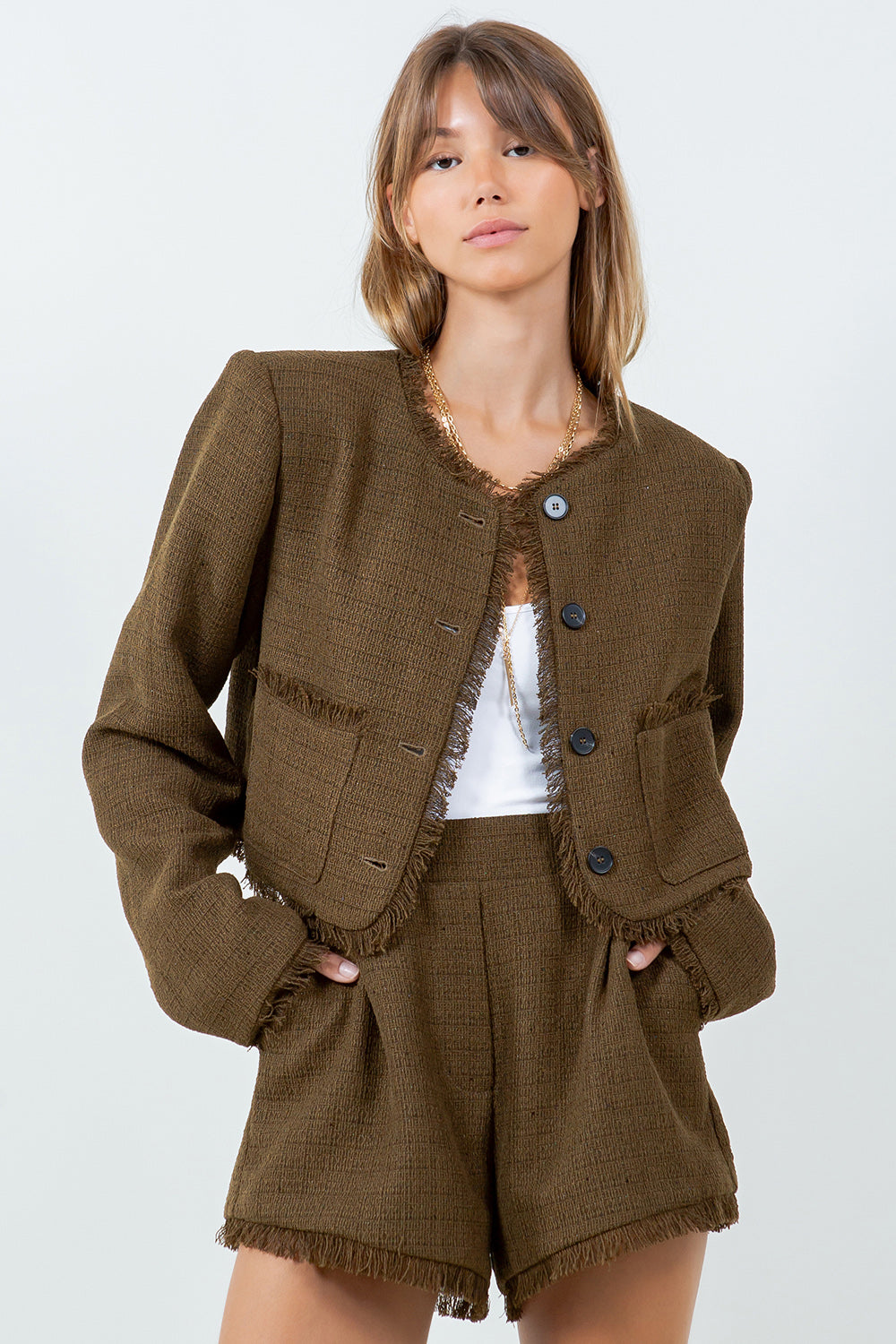 FRAY EDGE DETAILED TWEED BUTTON DOWN JACKET - OLIVE