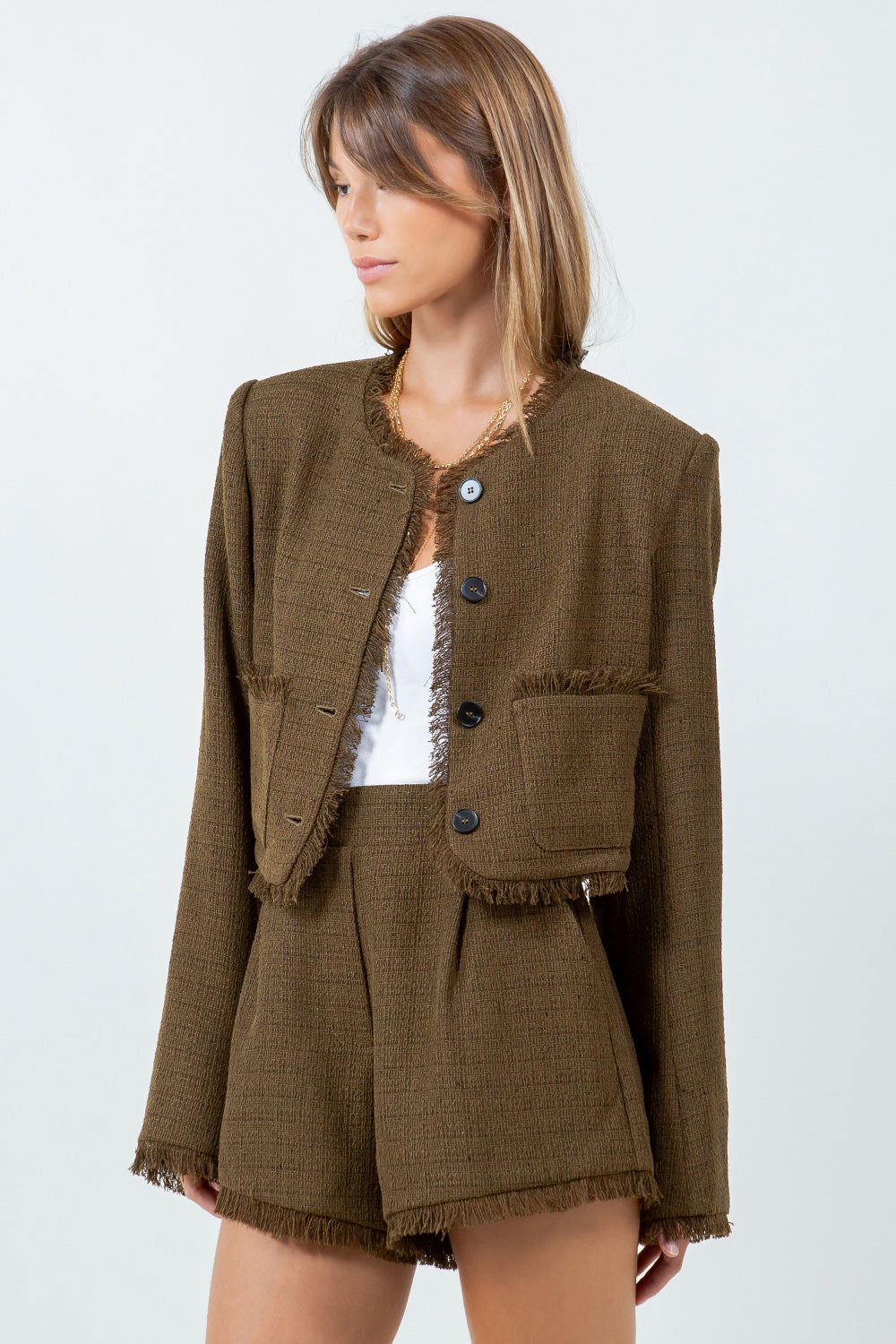 FRAY EDGE DETAILED TWEED BUTTON DOWN JACKET - OLIVE