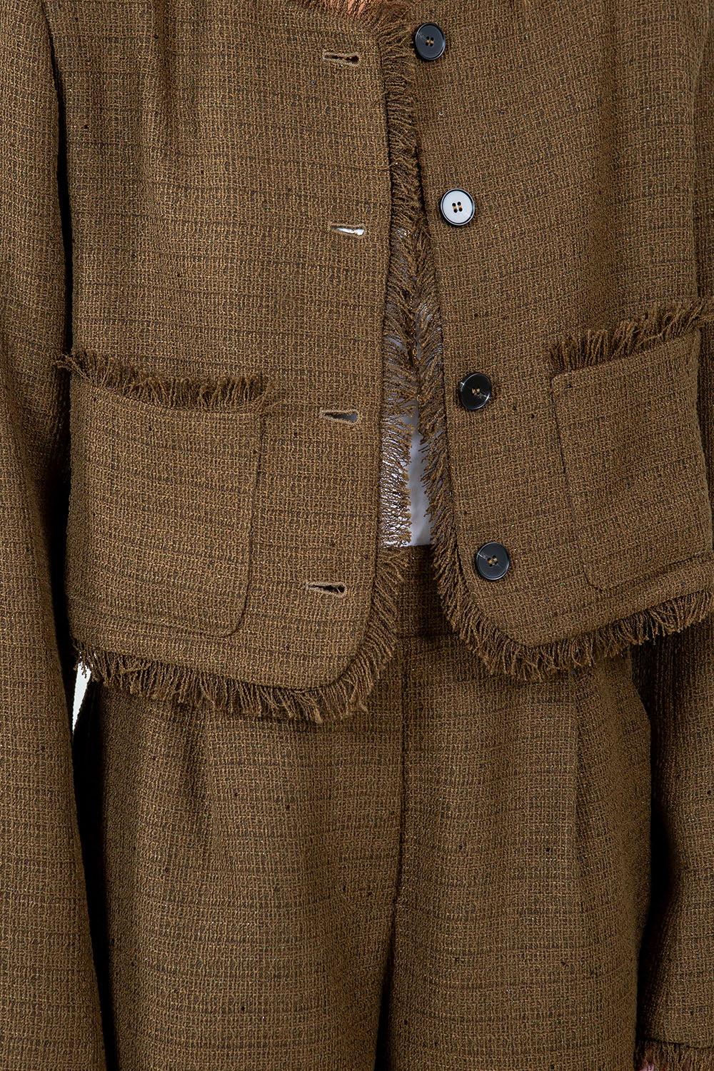 FRAY EDGE DETAILED TWEED BUTTON DOWN JACKET - OLIVE