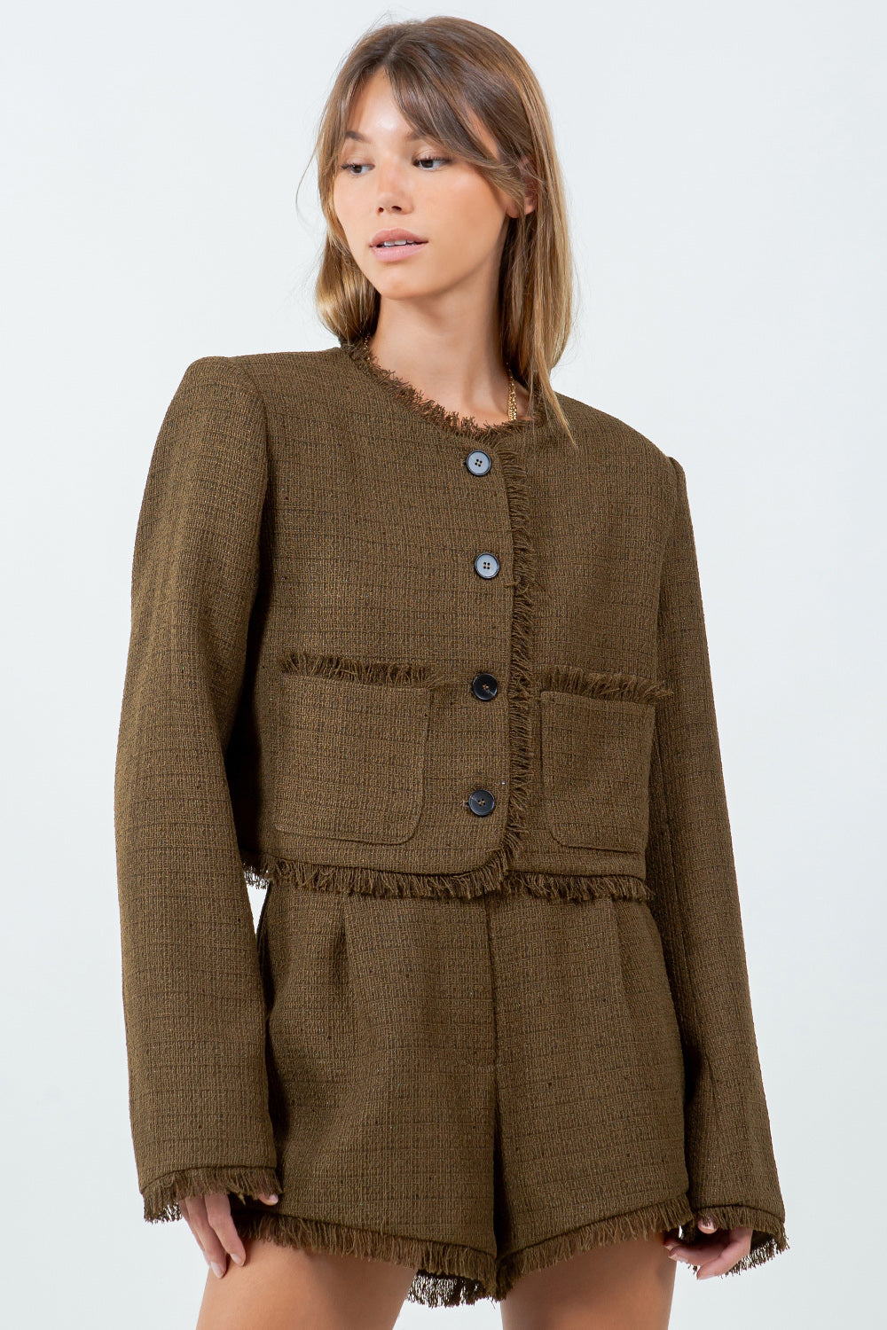 FRAY EDGE DETAILED TWEED BUTTON DOWN JACKET - OLIVE