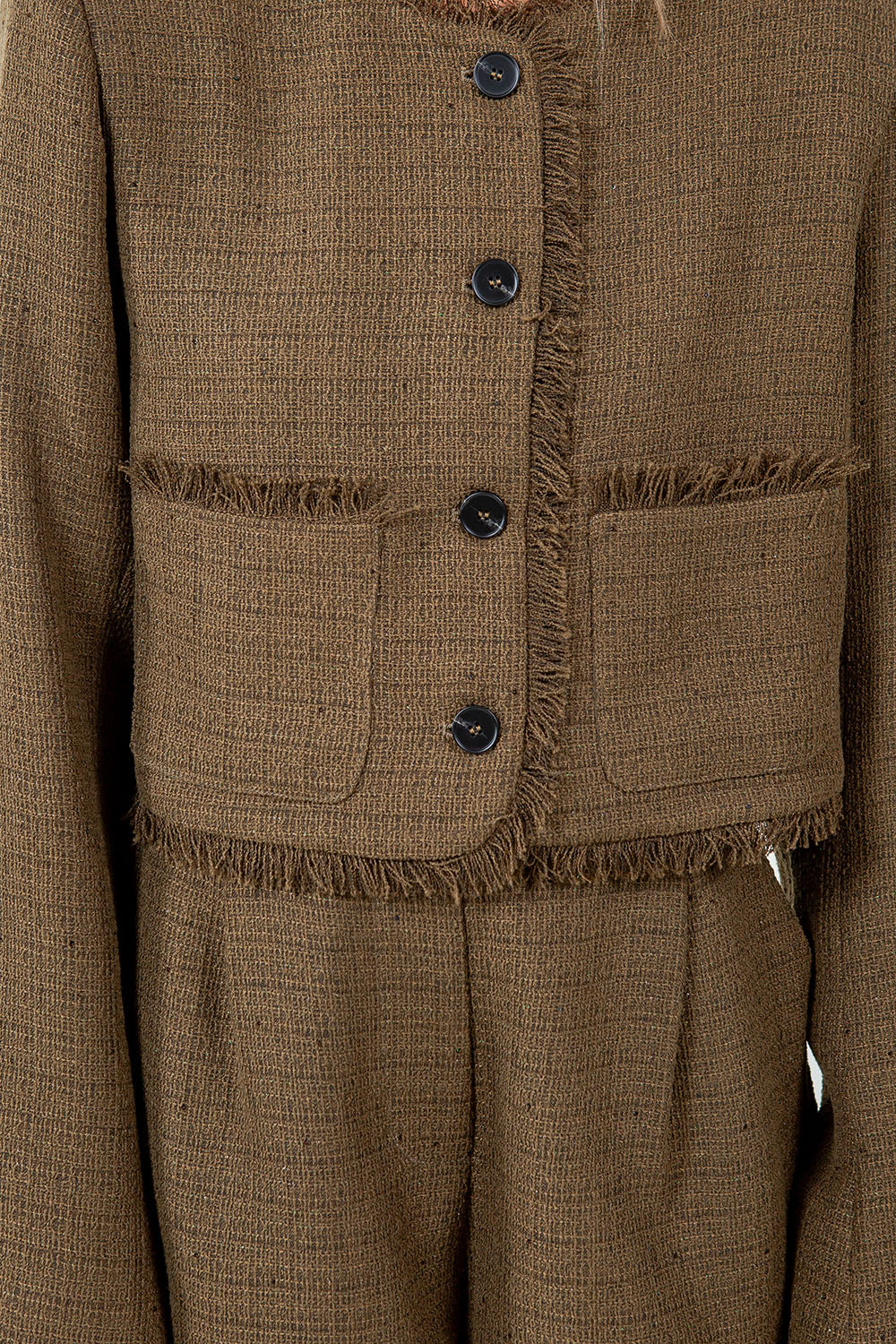 FRAY EDGE DETAILED TWEED BUTTON DOWN JACKET - OLIVE