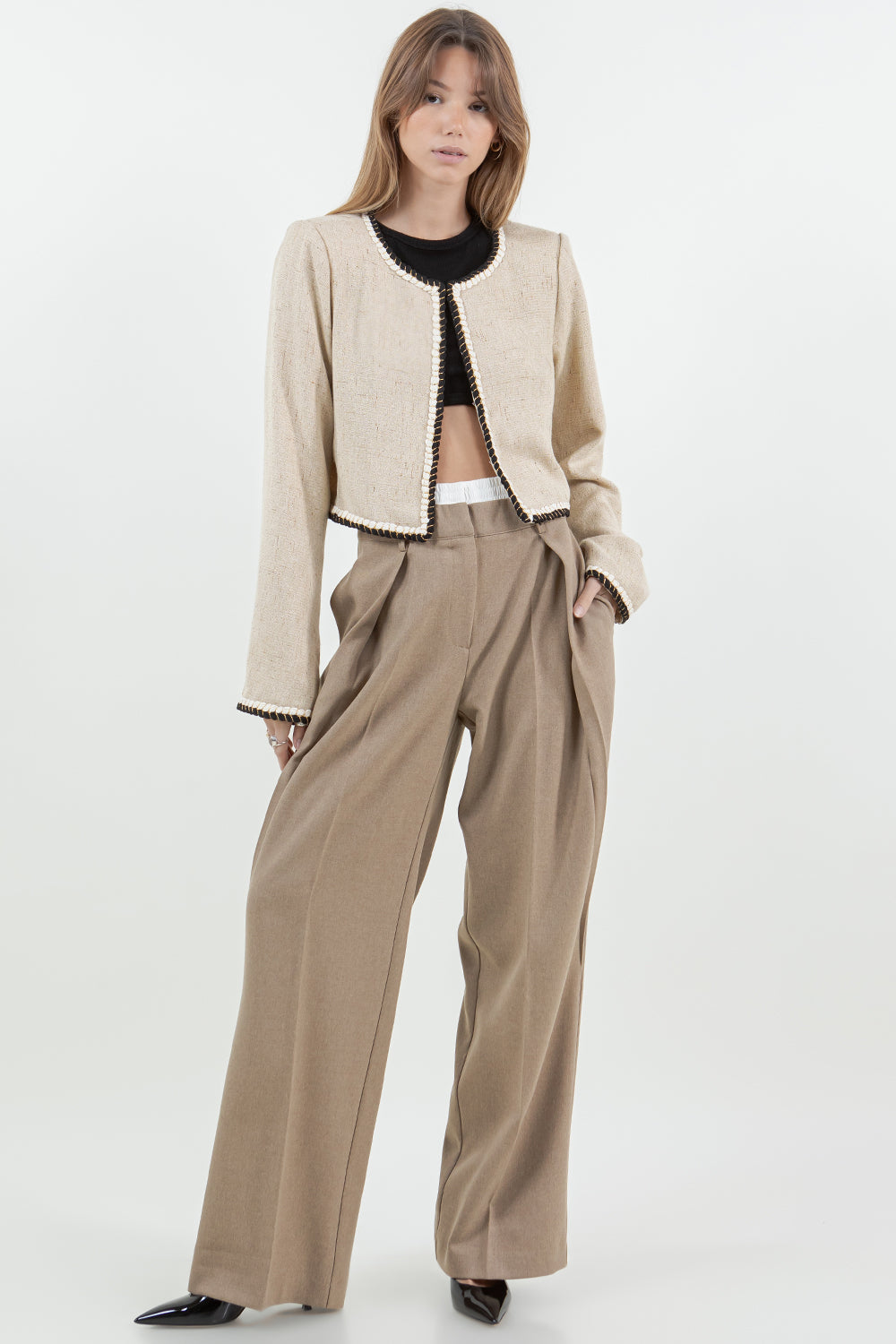 CONTRAST ELASTIC DOUBLE WAIST STRAIGHT LEG TROUSERS - BROWN