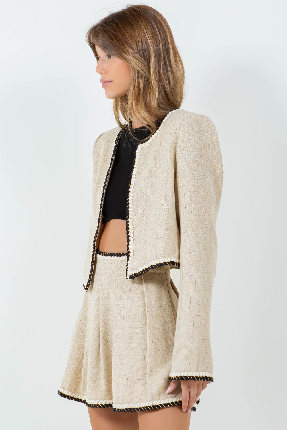 BRAIDED TRIM DETAIL TWEED JACKET - BEIGE