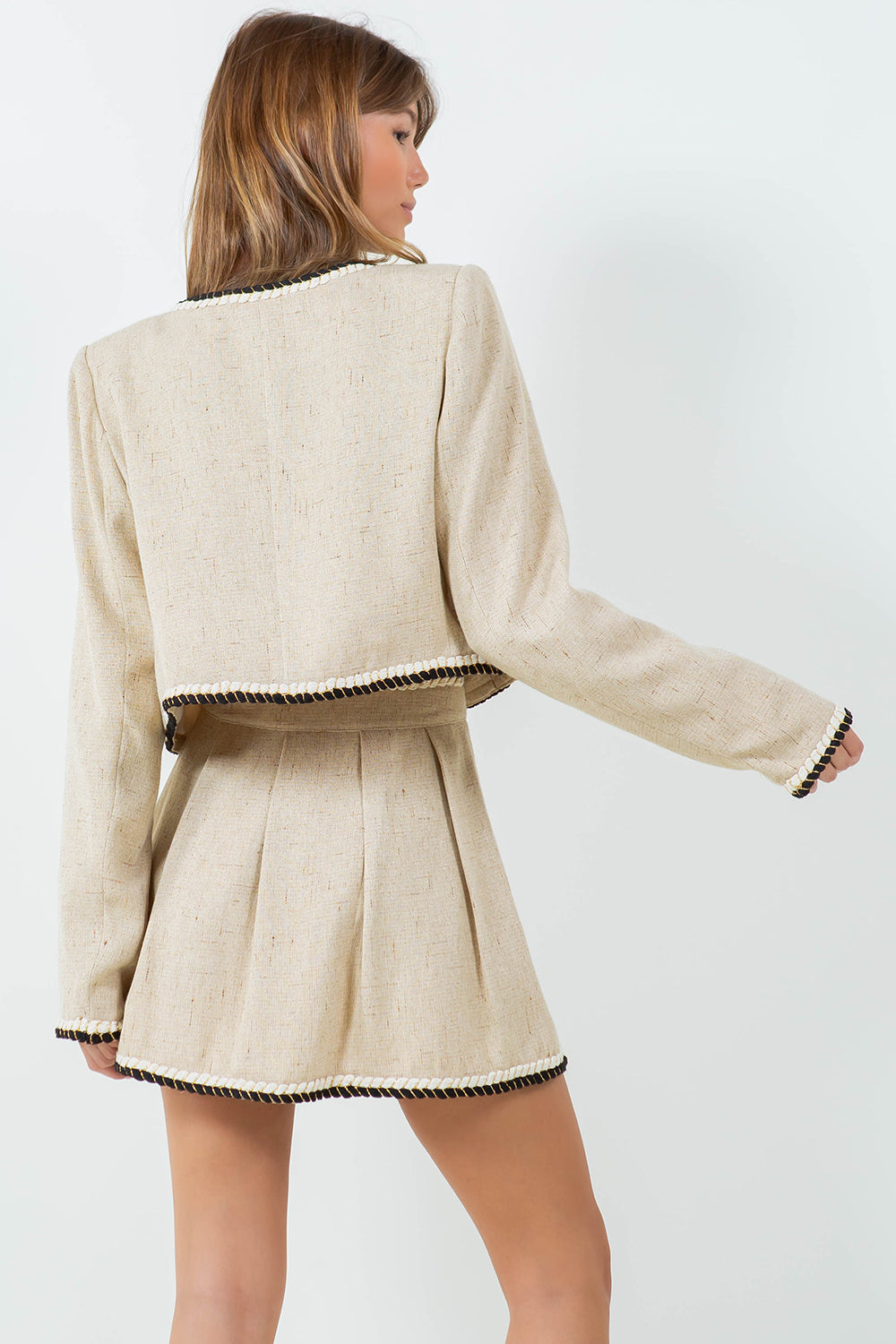 BRAIDED TRIM DETAIL TWEED JACKET - BEIGE