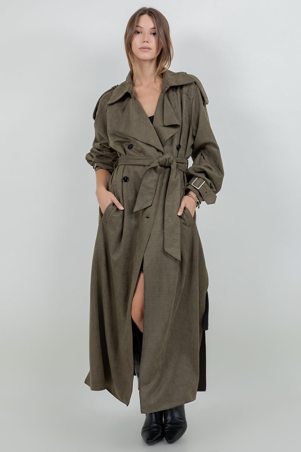 SUEDE LONG TRENCH COAT WITH ADJUSTABLE SELF BELT