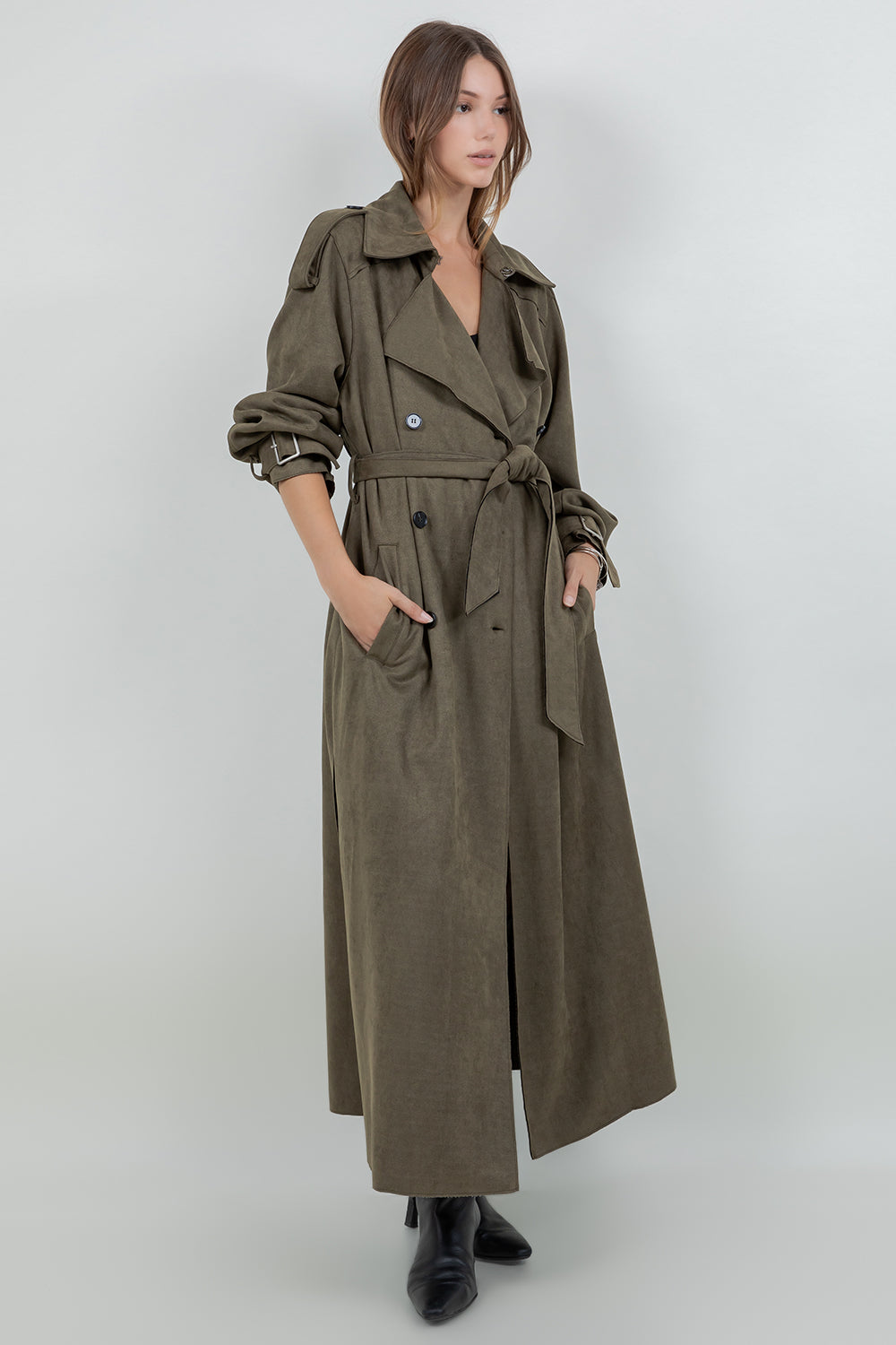 SUEDE LONG TRENCH COAT WITH ADJUSTABLE SELF BELT