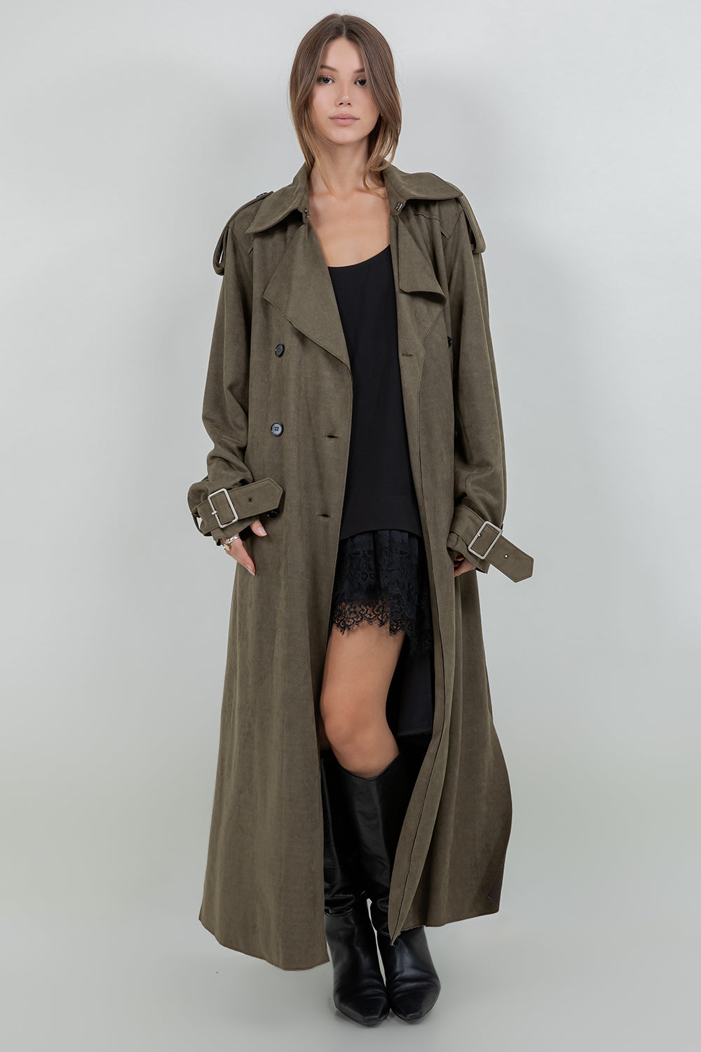 SUEDE LONG TRENCH COAT WITH ADJUSTABLE SELF BELT