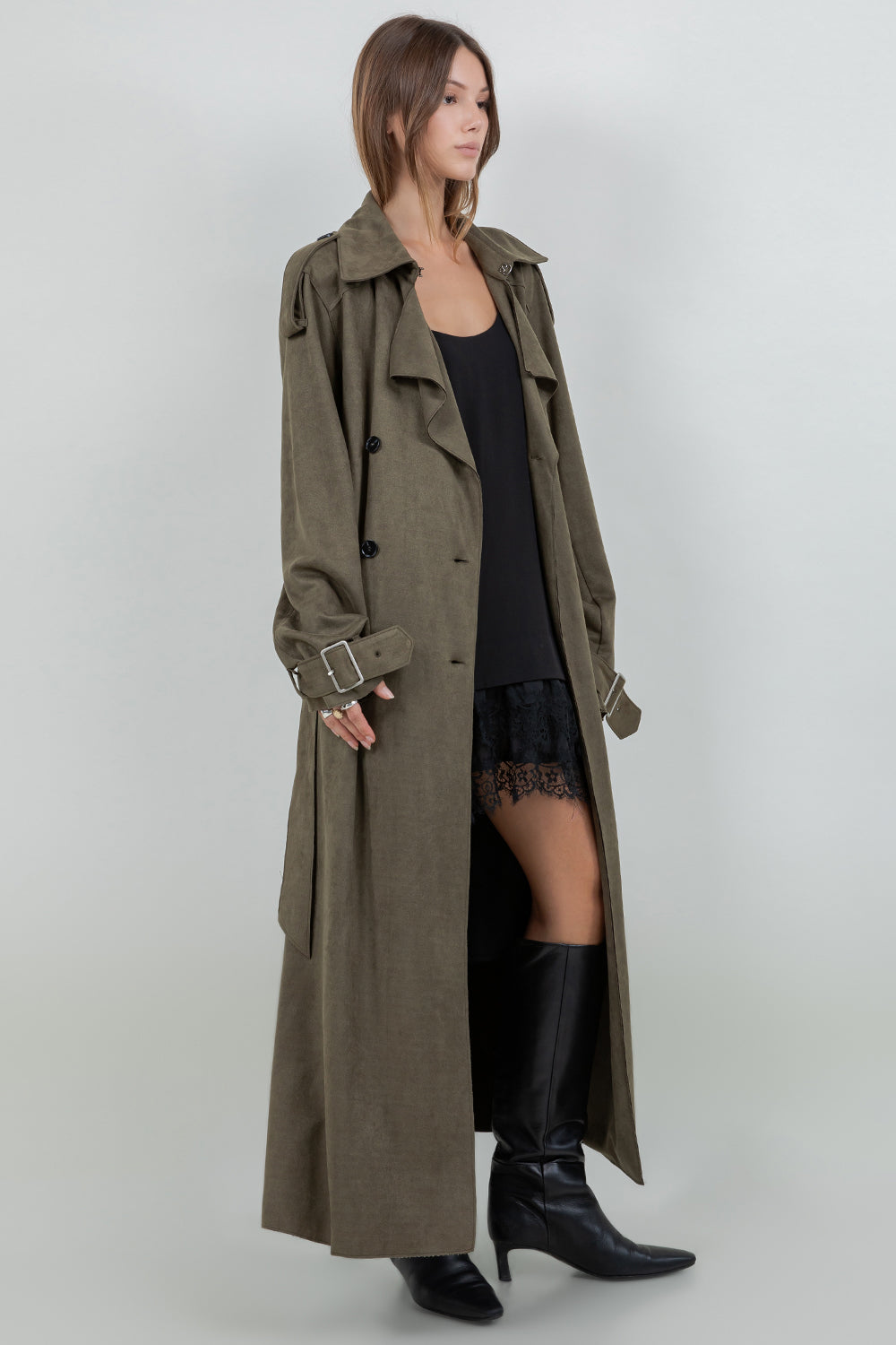 SUEDE LONG TRENCH COAT WITH ADJUSTABLE SELF BELT