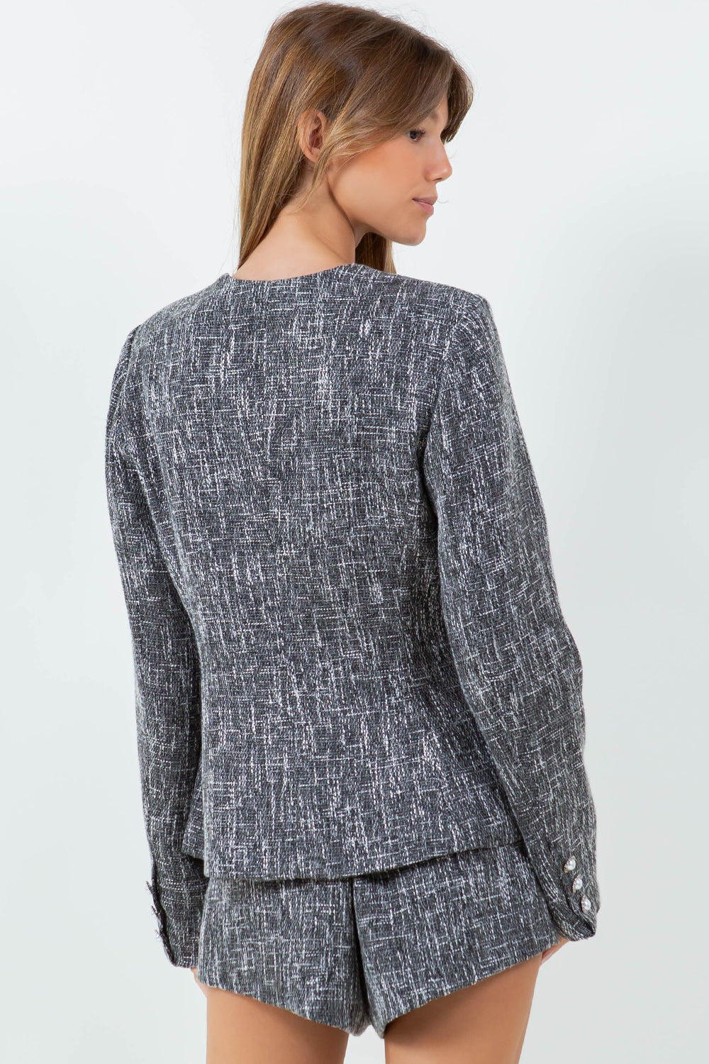 DIAMOND SHAPE NECKLINE TWEED BLAZER TOP - BLACK/WHITE