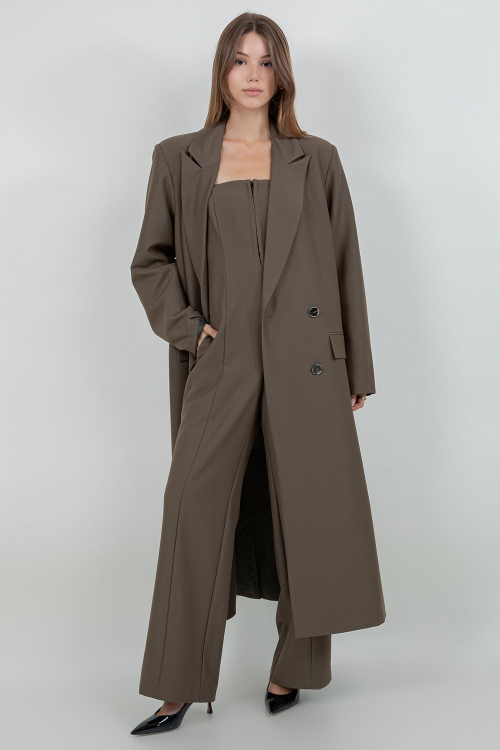 STRUCTURED WOVEN BUTTON CLOSURE LONG BLAZER JACKET - Whiteroom+Cactus