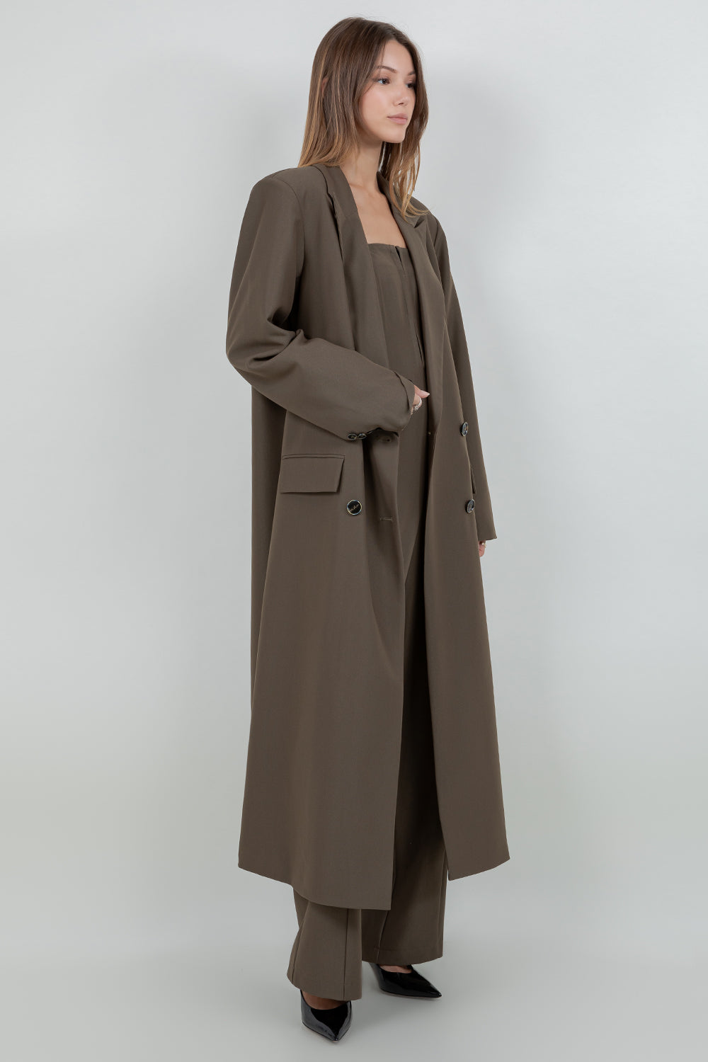 STRUCTURED WOVEN BUTTON CLOSURE LONG BLAZER JACKET - Whiteroom+Cactus