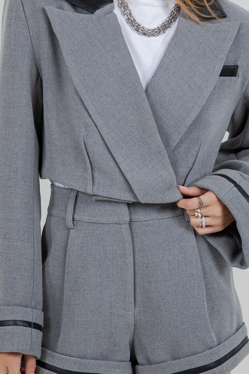 CROPPED BLAZER WITH CONTRAST PU LEATHER INSERTS - CHARCOAL - Whiteroom+Cactus