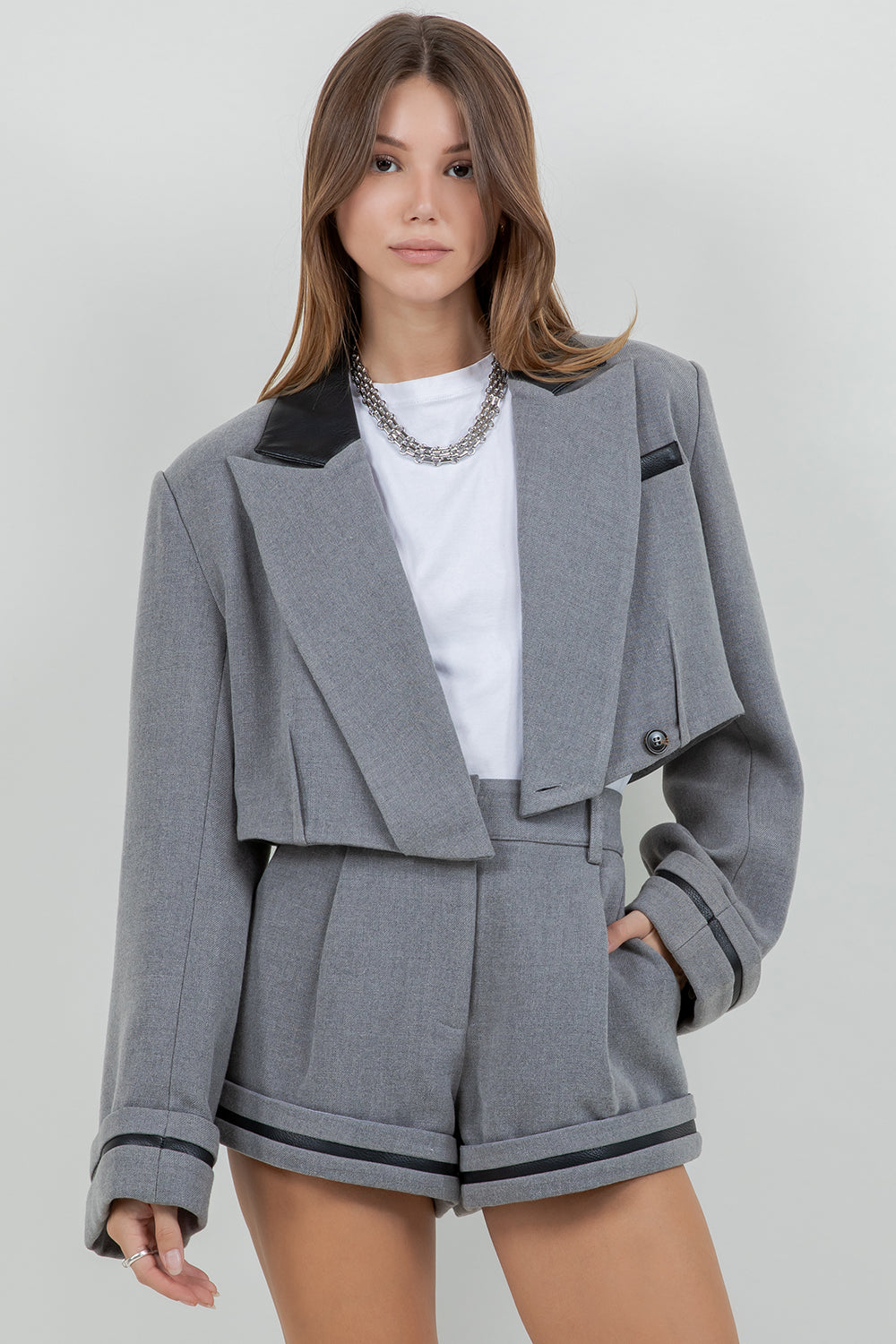 CROPPED BLAZER WITH CONTRAST PU LEATHER INSERTS - CHARCOAL - Whiteroom+Cactus
