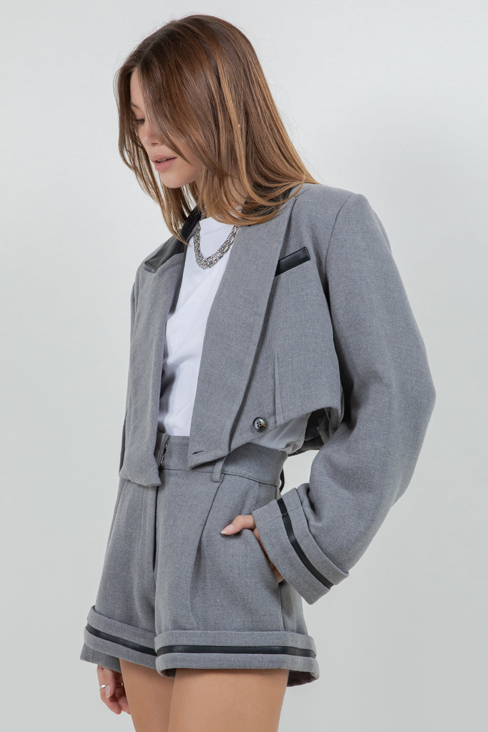 CROPPED BLAZER WITH CONTRAST PU LEATHER INSERTS - CHARCOAL - Whiteroom+Cactus
