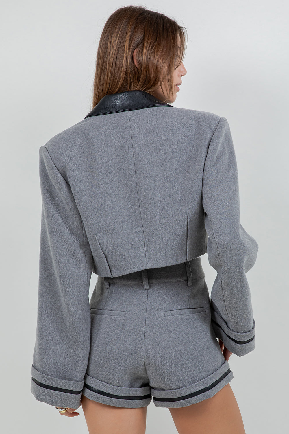 CROPPED BLAZER WITH CONTRAST PU LEATHER INSERTS - CHARCOAL - Whiteroom+Cactus