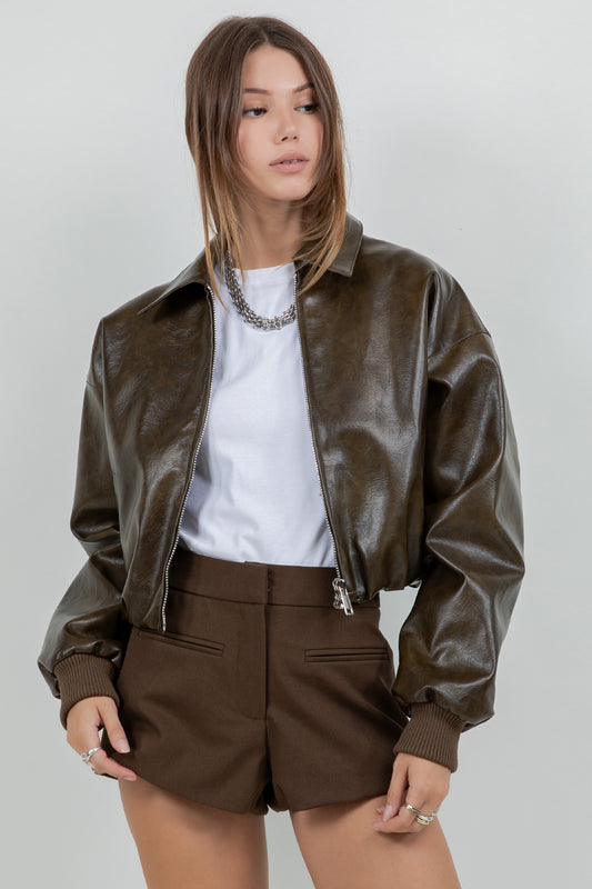 FAUX LEATHER ZIP UP MOTO JACKET WITH MINI BUBBLE BOTTOM OPENING - OLIVE - Whiteroom+Cactus