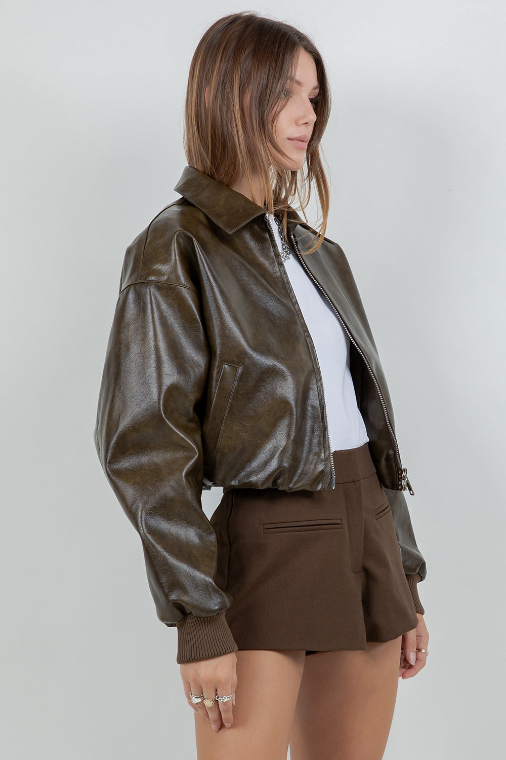 FAUX LEATHER ZIP UP MOTO JACKET WITH MINI BUBBLE BOTTOM OPENING - OLIVE - Whiteroom+Cactus