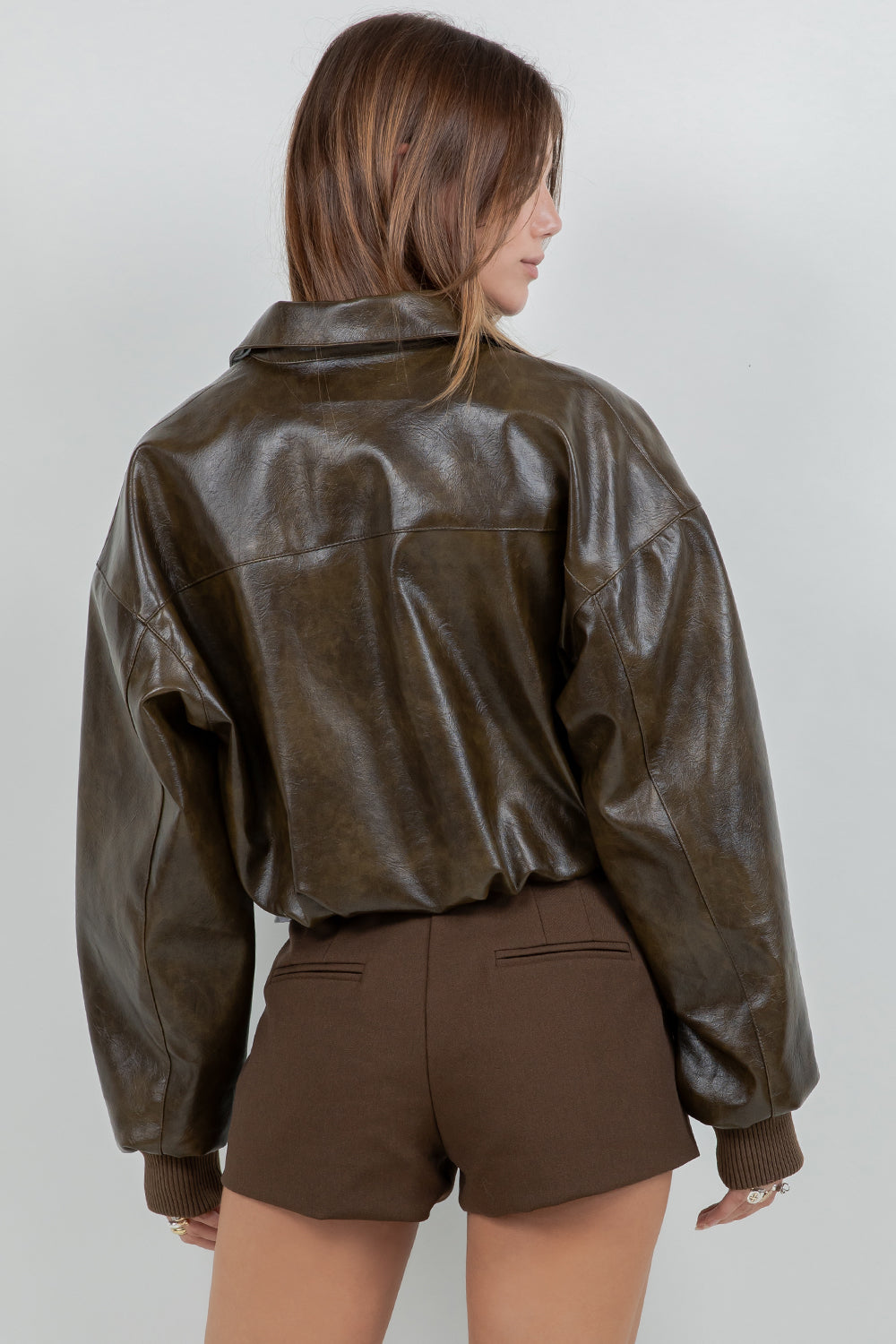FAUX LEATHER ZIP UP MOTO JACKET WITH MINI BUBBLE BOTTOM OPENING - OLIVE - Whiteroom+Cactus