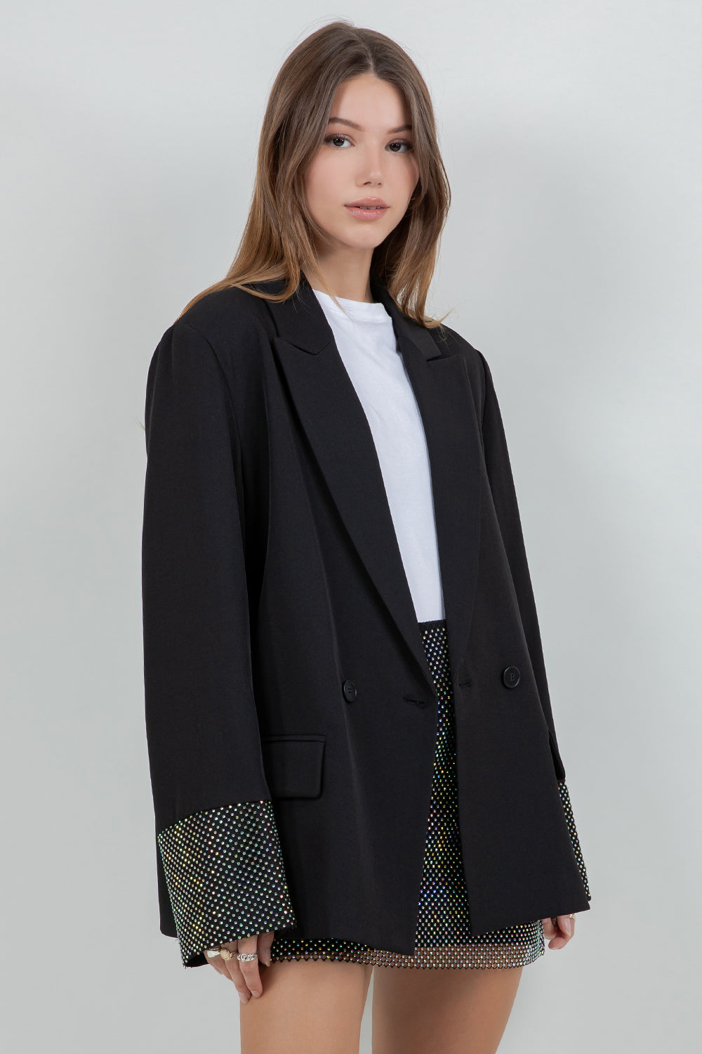 BLAZER WITH CONTRAST RHINESTONE SLEEVES