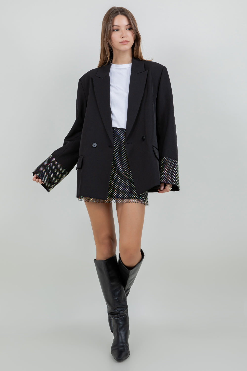 BLAZER WITH CONTRAST RHINESTONE SLEEVES