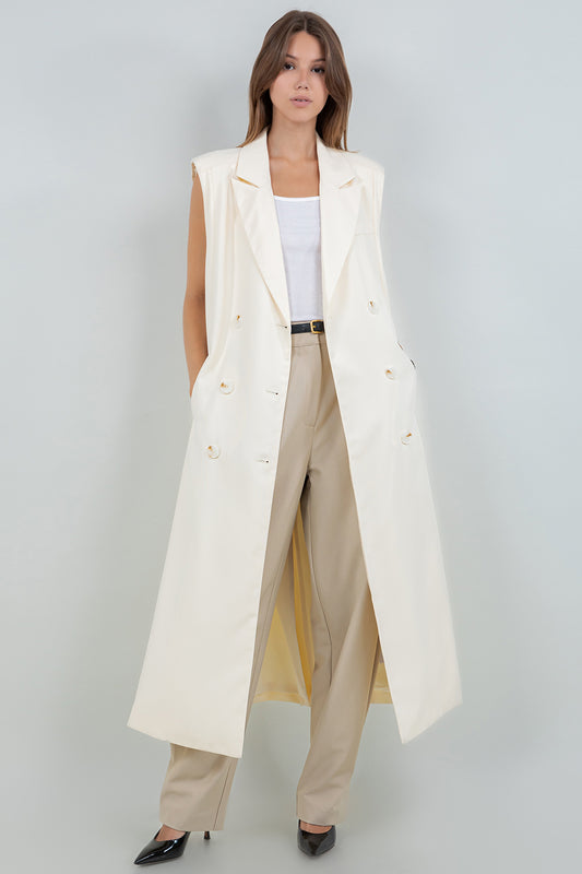 SLEEVELESS LONG BLAZER JACKET - EGGSHELL