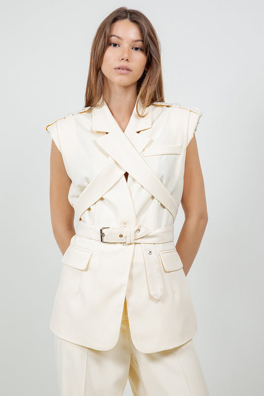 STRUCTURED WOVEN JACKET VEST W WRAP AROUND BELT - EGGSHELL