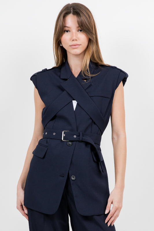 STRUCTURED WOVEN JACKET VEST W WRAP AROUND BELT - NAVY