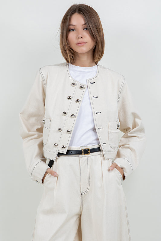 SOFT COTTON WASHED CROPPED JACKET WITH ACCENT BUTTONS