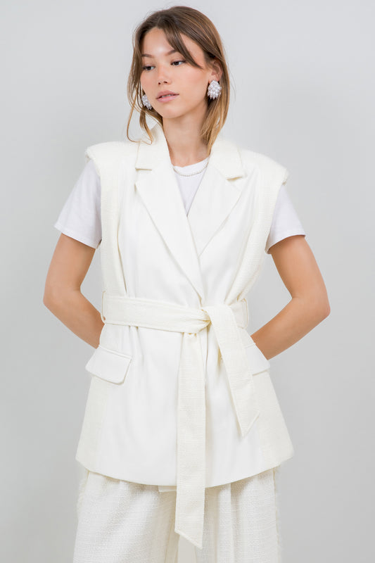 CONTRAST FABRIC COMBO SLEEVELESS BLAZER WITH BELT - IVORY