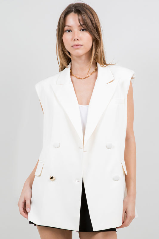 STRUCTURED WOVEN VEST JACKET W ACCENT GOLD BUTTON - IVORY