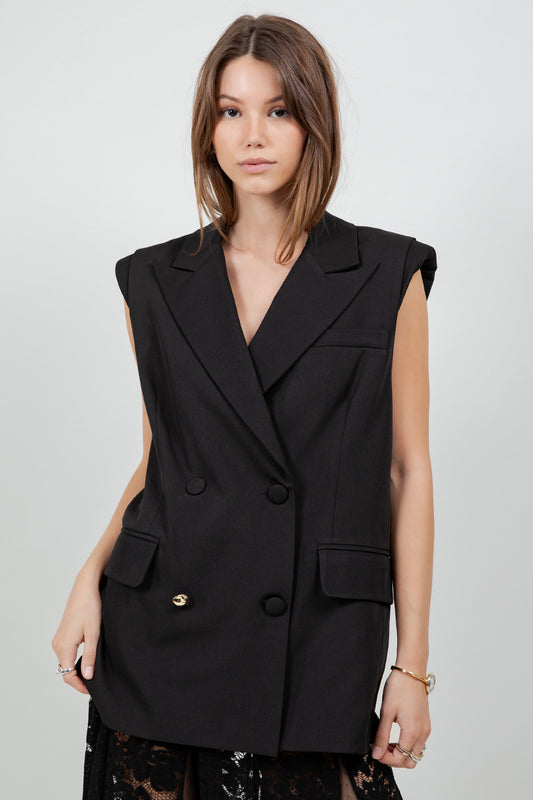 STRUCTURED WOVEN VEST JACKET W ACCENT GOLD BUTTON - BLACK