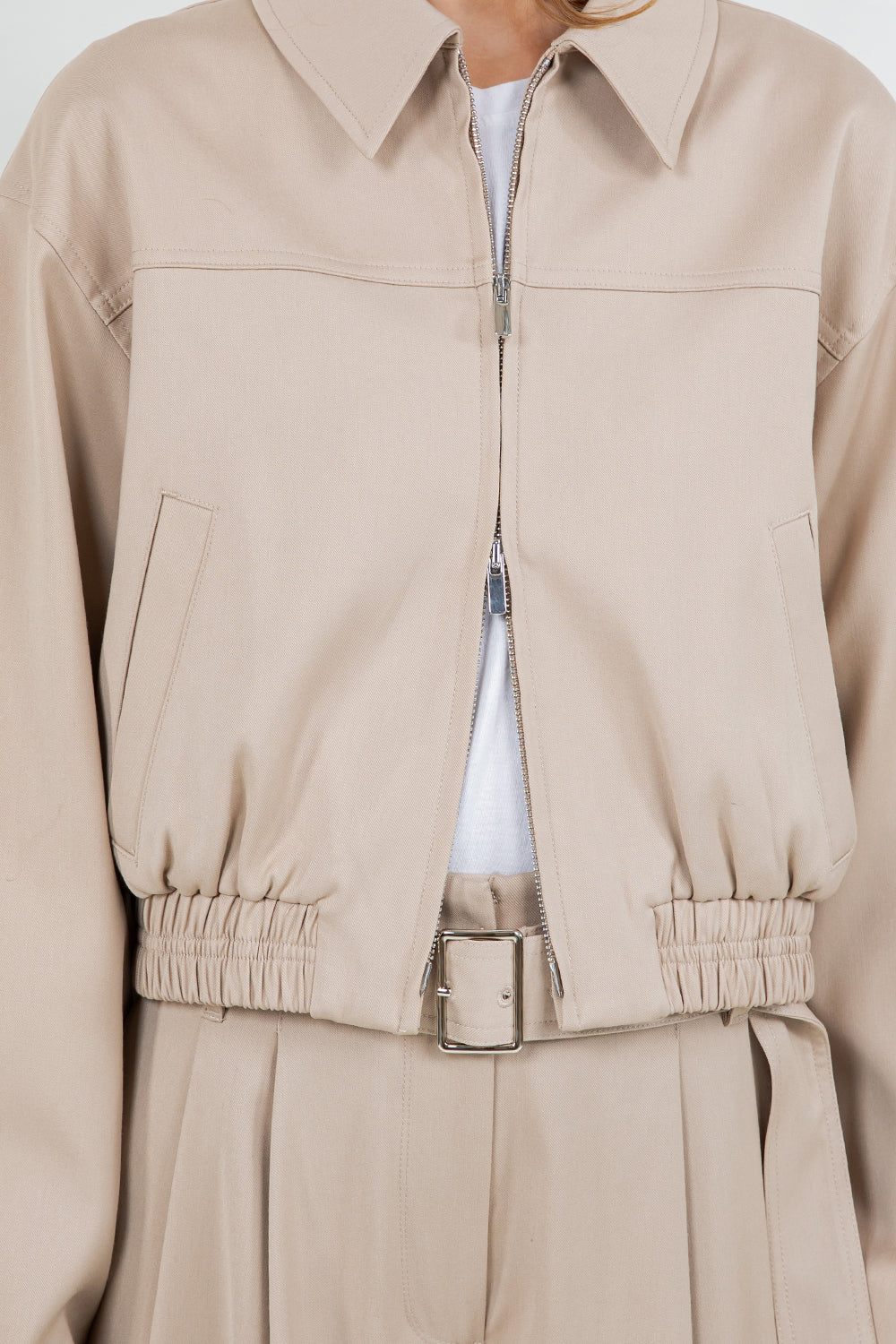 STRUCTURED WOVEN BOMBER ZIP UP JACKET - TAN