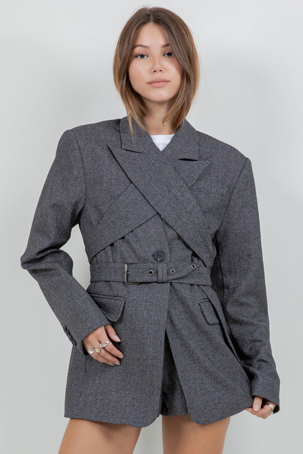 WOVEN JACKET BLAZER WITH DETACHEABLE WRAP AROUND BELT - Whiteroom+Cactus